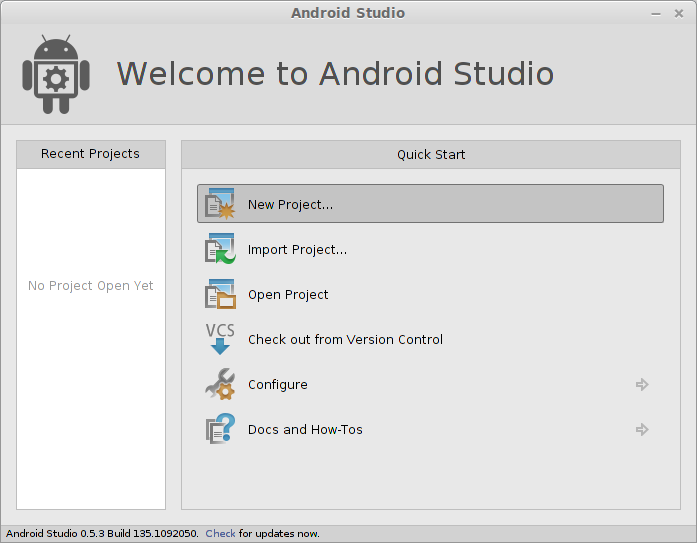 Android studio welcome screen