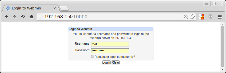 Webmin login screen