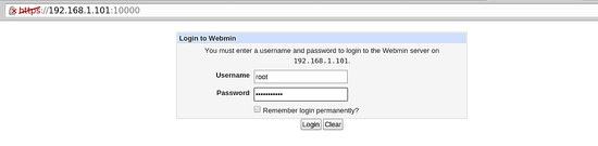 Webmin login screen