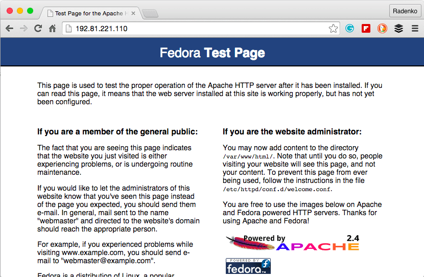 The default Apache page for Fedora 23