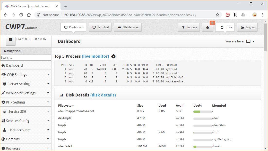 Centos web panel настройка