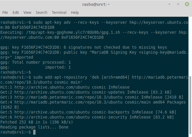 Add MariaDB repository on Ubuntu server 18.10