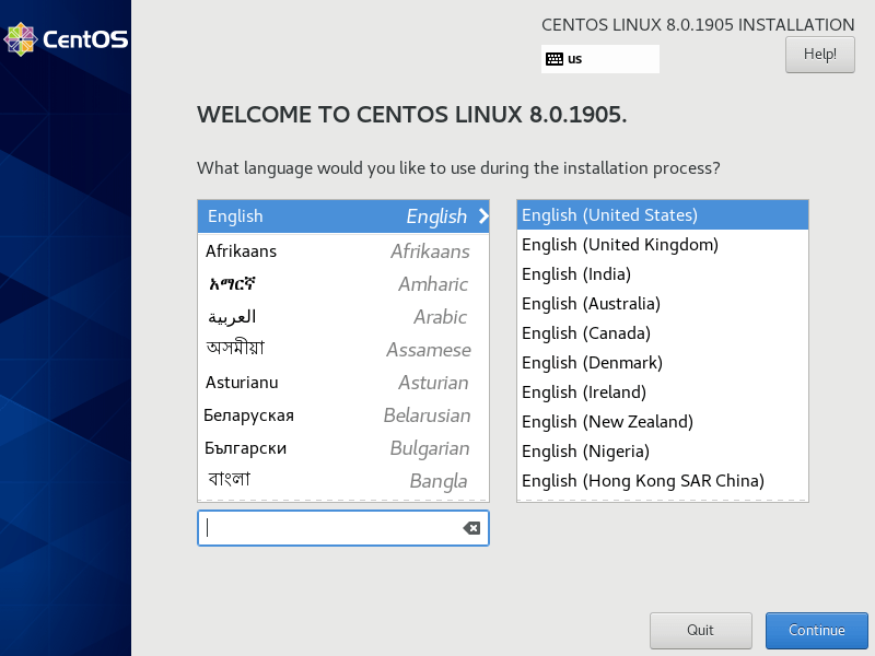 Select CentOS 8 Installation Language